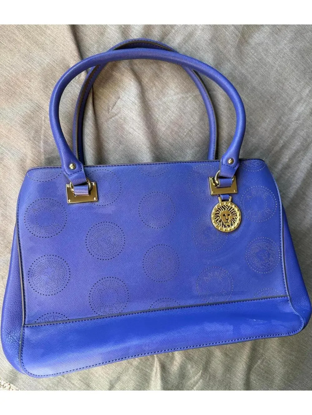 Anne Klein Royal Blue & Gold Shoulder Bag Top Zipper Faux Leather Old Money